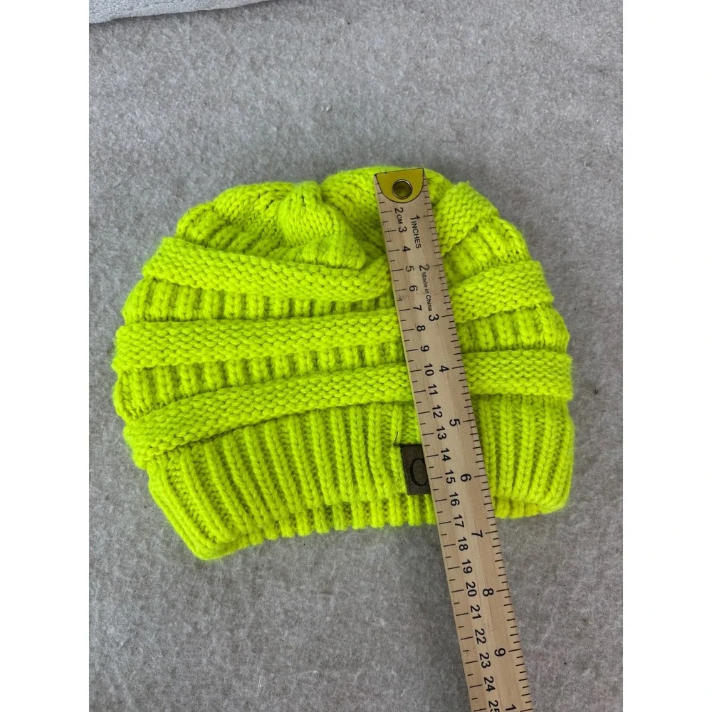 C.C Beanie Hat Neon Yellow Lime Green Cable Knit Ribbed Cuff Winter Cap 1564